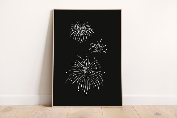 White Fireworks Line Art Black Background New Years Eve Party Poster