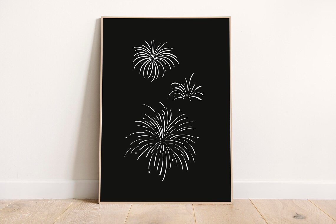 White Fireworks Line Art Black Background New Years Eve Party Poster