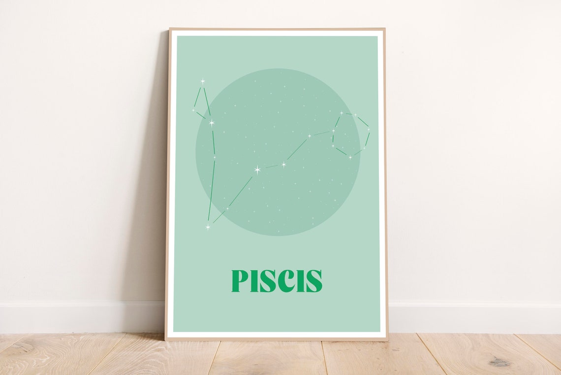 Piscis Zodiac Print Poster Green Aquamarine Colors Sign Astrology Art Wall Decor
