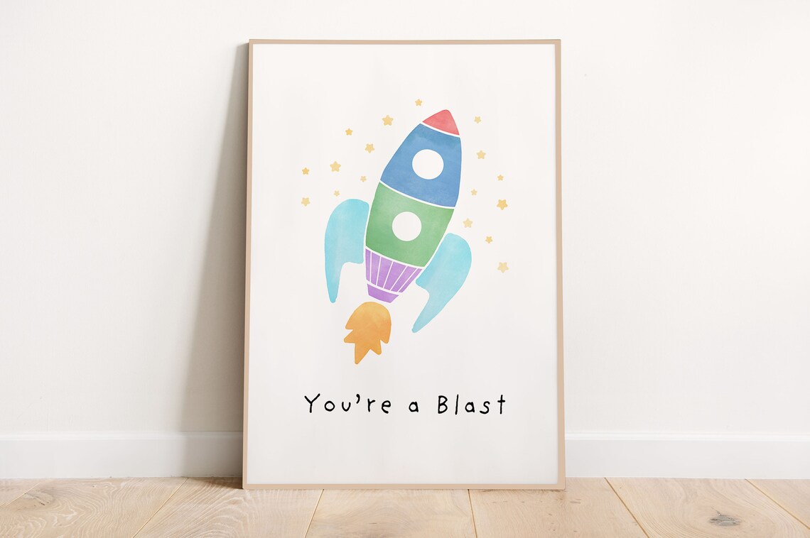 Colorful Rocket Ship Youre a Blast Kids Room Watercolor Poster