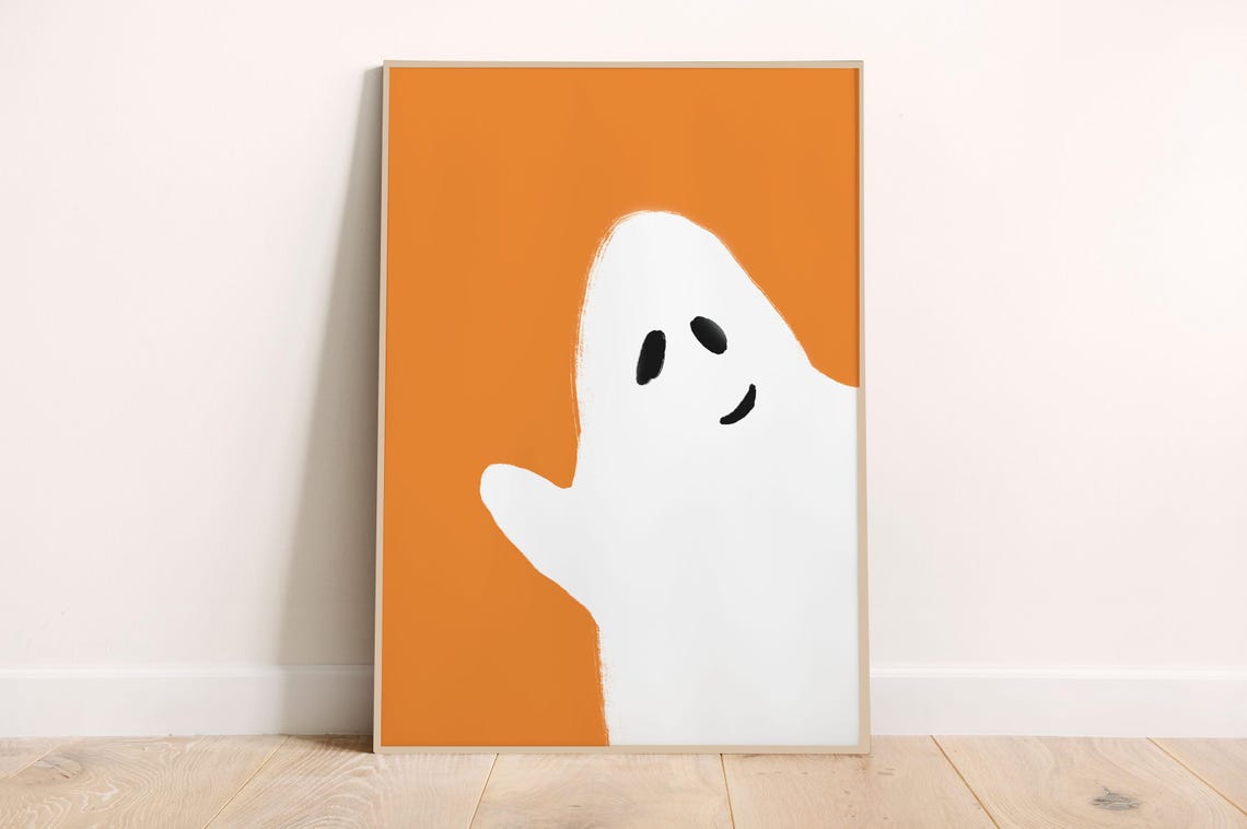 Cute Friendly Ghost Orange Background Halloween Kids Art Poster