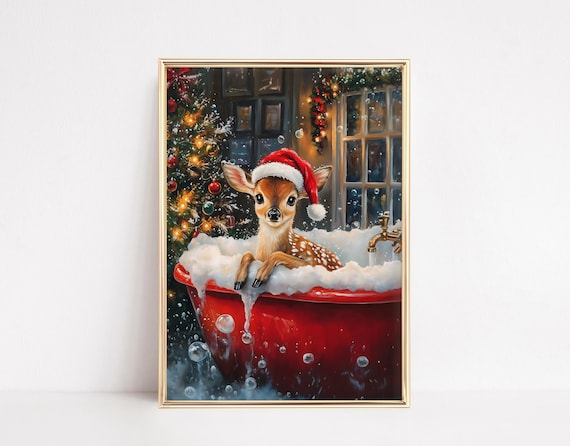 Cute Deer Christmas Bath Art Print, Holiday Bathroom Decor