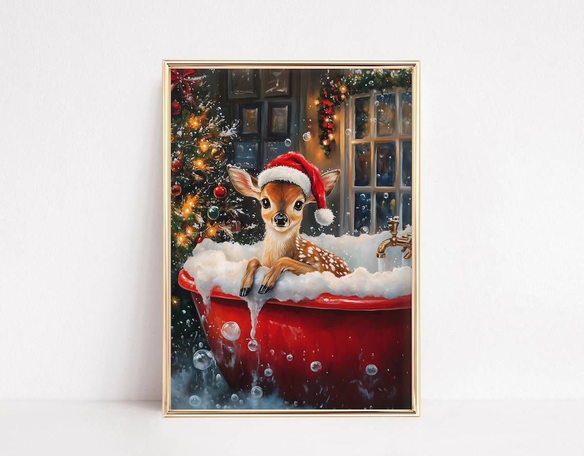 Cute Deer Christmas Bath Art Print, Holiday Bathroom Decor