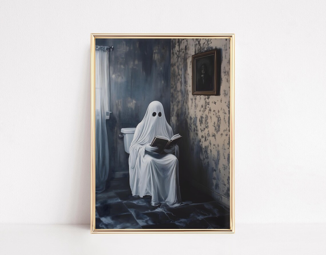 Ghost On Toilet Funny Halloween Bathroom Art Print