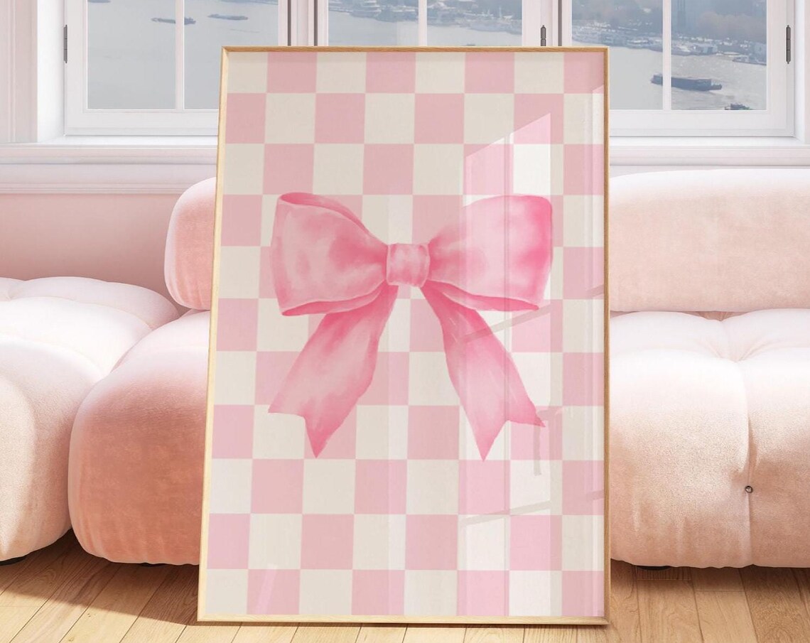 Pink Bow Watercolor Checkerboard Sweet Girly Coquette Decor Poster