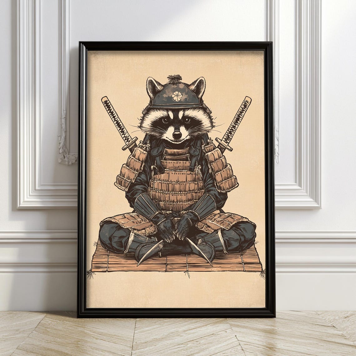 Samurai Raccoon Zen Meditating Japanese Warrior Ink Art Poster