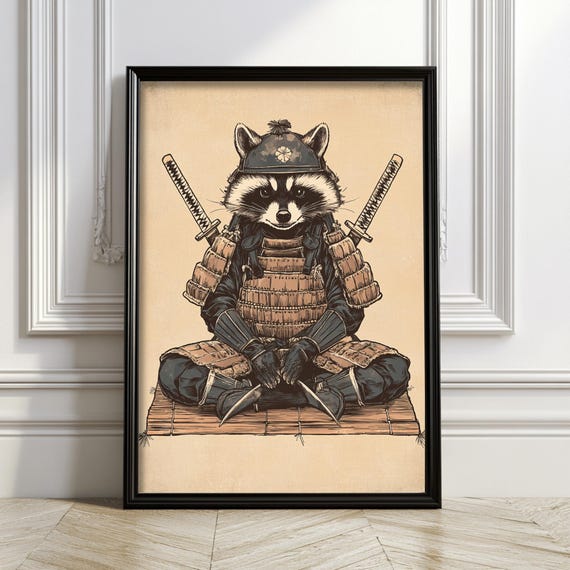Samurai Raccoon Wall Art Print Japanese Warrior Zen Ninja Decor Vintage Style Anime