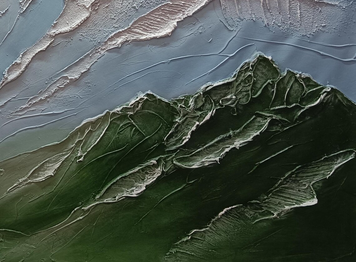 Green Snowy Mountain Range Textured 3D Impasto Landscape Oil Poster - Image 5