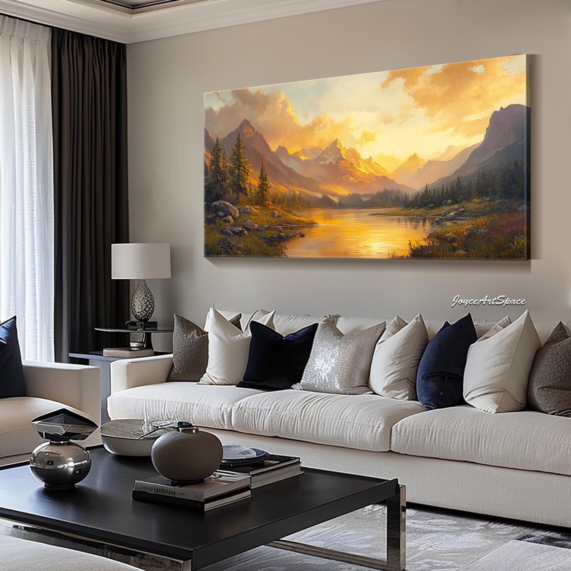 Abstract Sunset Mountain Landscape, Oil Painting Art Print - Image 2