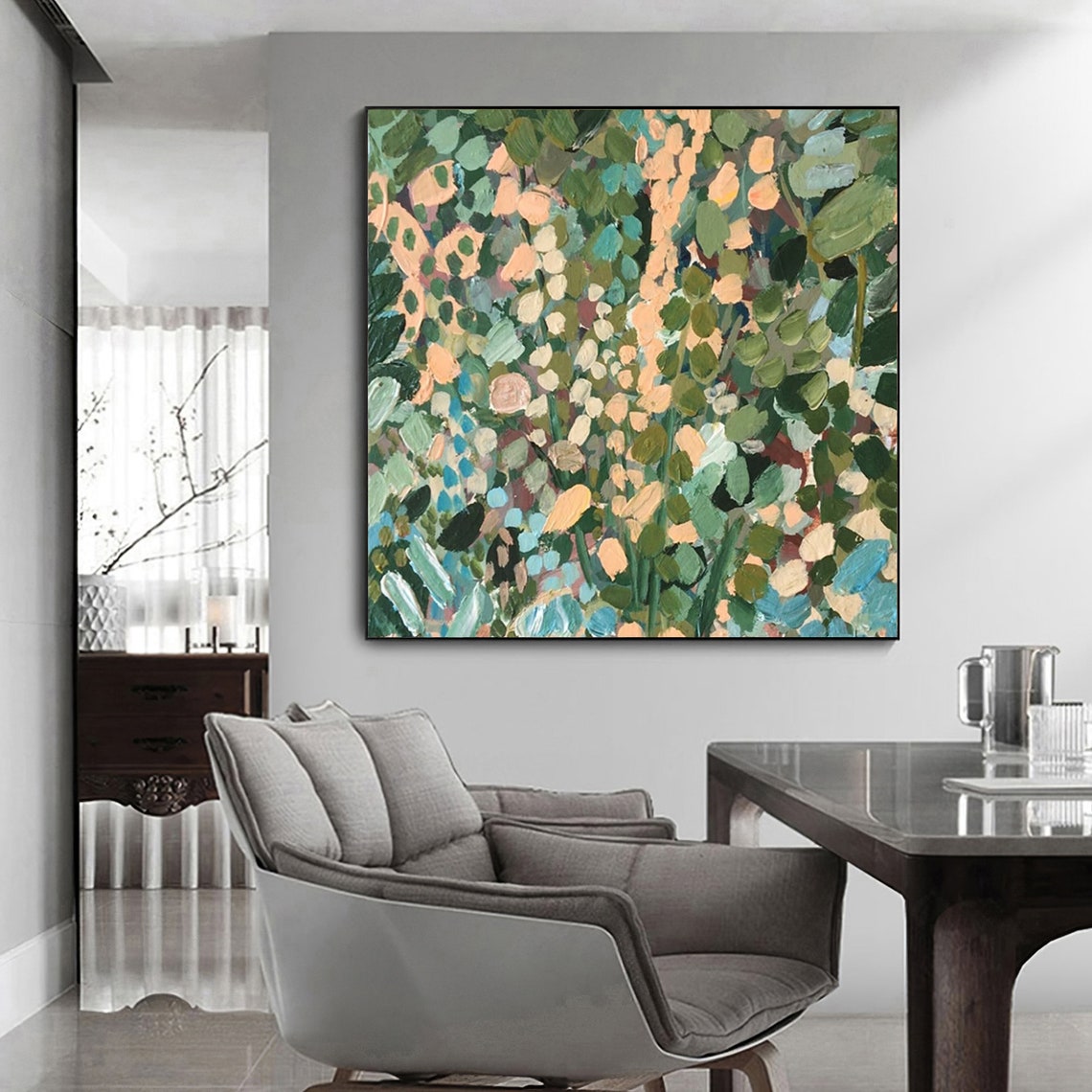 Abstract Green Jungle Leaves Blue Peach 3D Textured Wall Art - Image 4