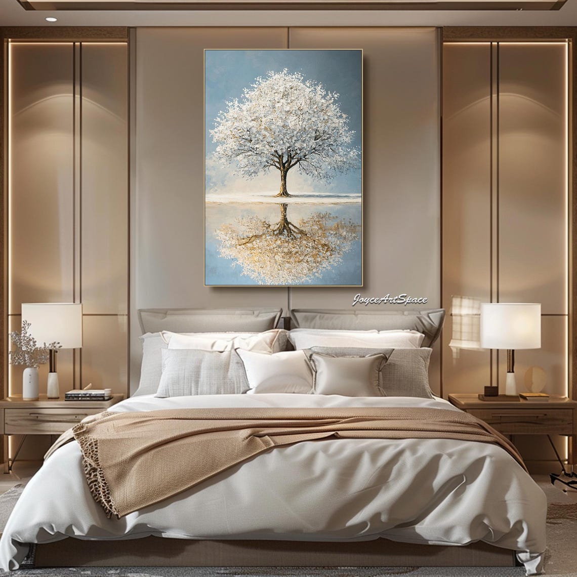 White Blossom Tree Water Reflection Serene Textured 3D Art Poster - Image 4