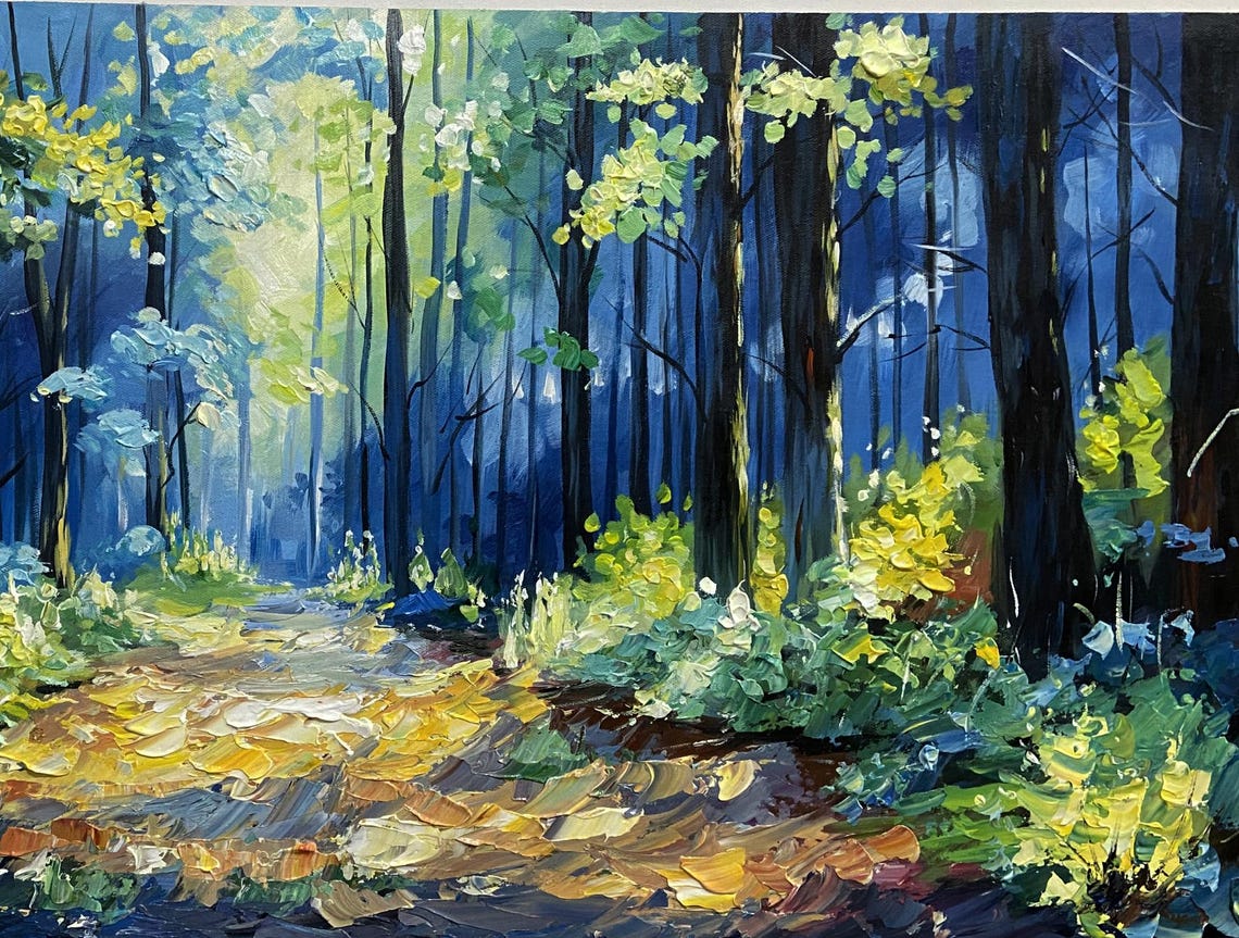 Sunlit Blue Forest Path Golden Light Textured 3D Landscape Poster - Image 5