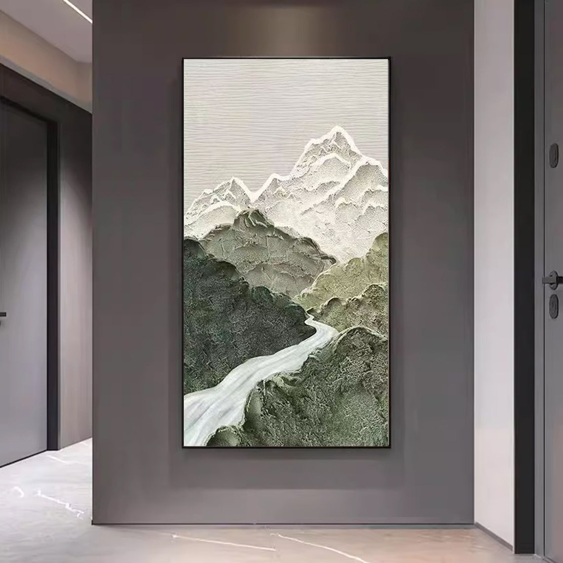 Minimalist Green Mountains White River Abstract 3D Textured Wall Art - Image 4