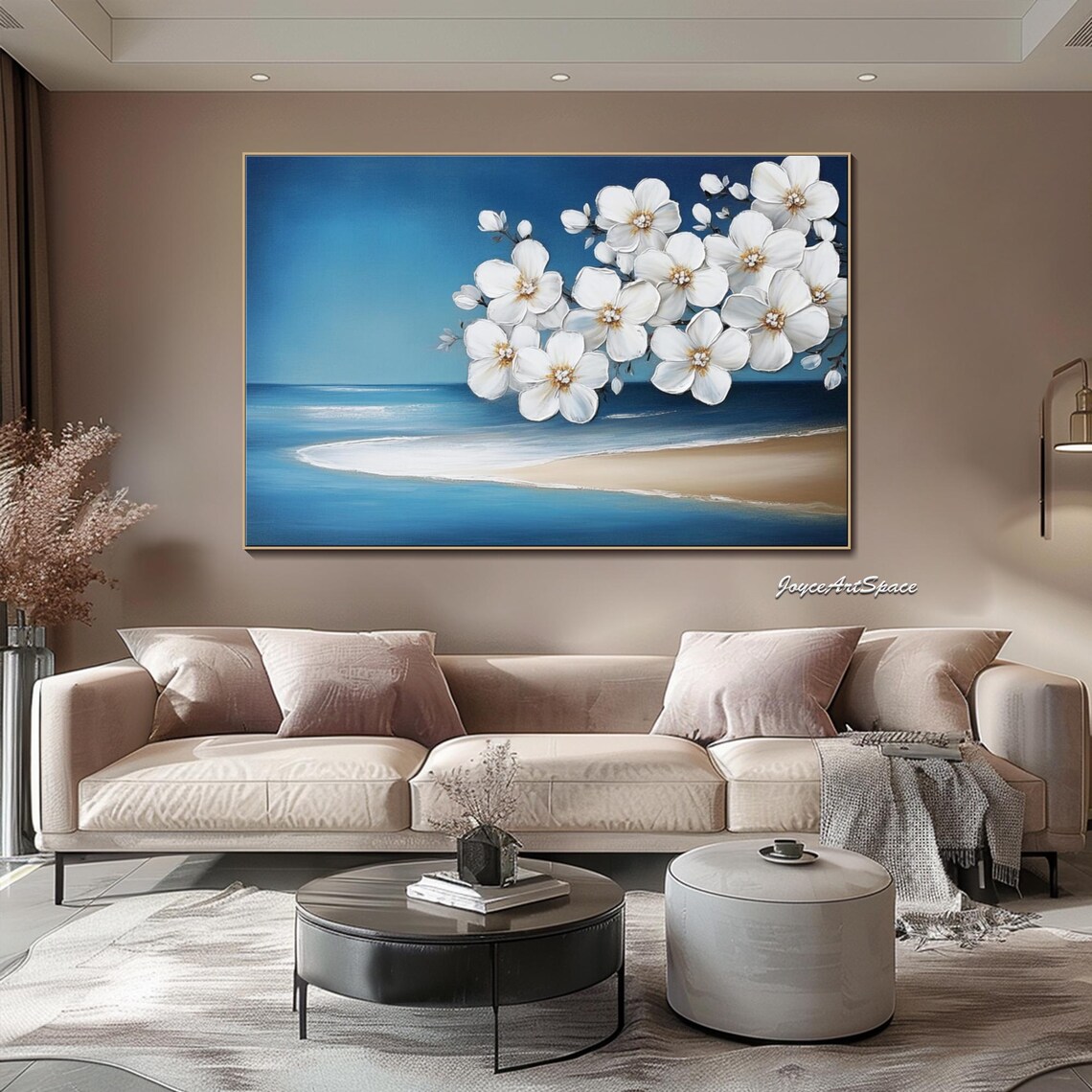 White Blossom Branch Ocean Shore Oil Painting Blue Coastal Floral Wall Art - Image 4