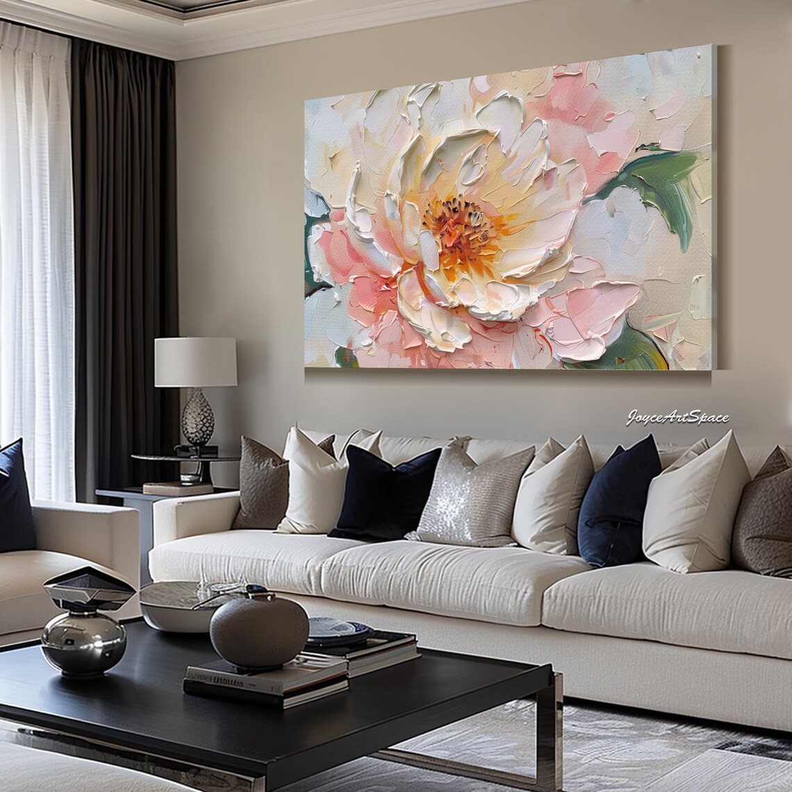 Pink Peony Blossom Close Up Soft Pastel 3D Impasto Floral Wall Art - Image 3