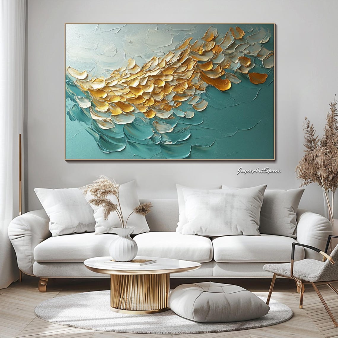 Gold White Feathers Teal Abstract 3D Textured Impasto Wall Art - Image 3