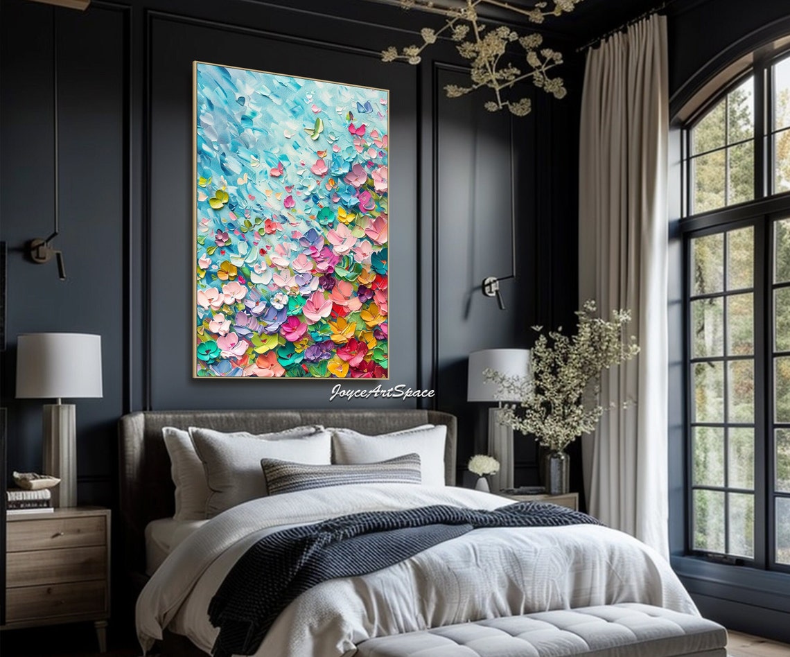 Rainbow Petal Burst Blue Textured 3D Floral Abstract Oil Poster - Image 5