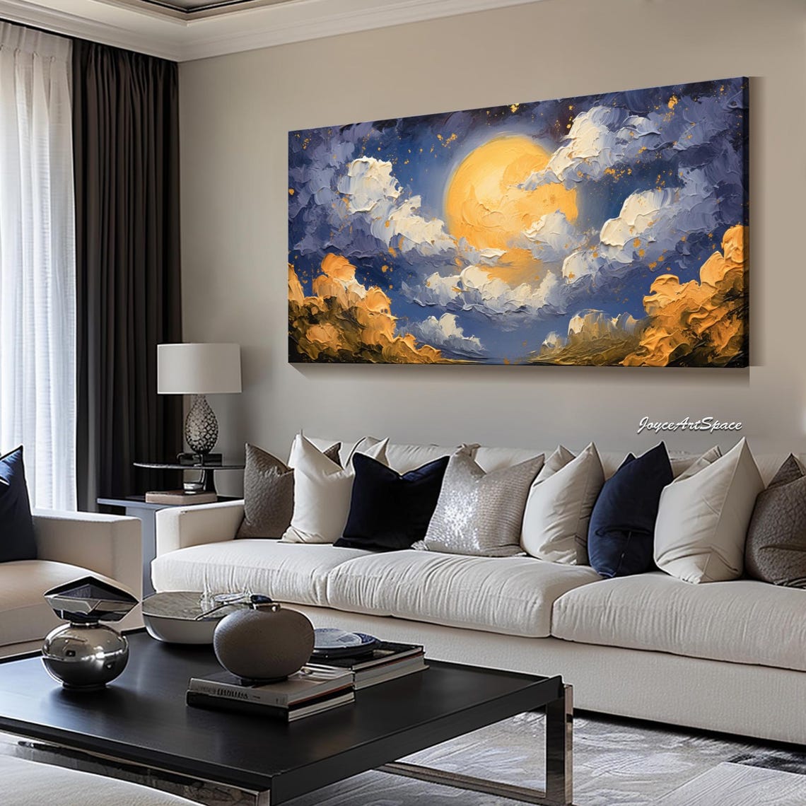 Golden Moonlit Starry Night Clouds Abstract 3D Impasto Wall Art - Image 5