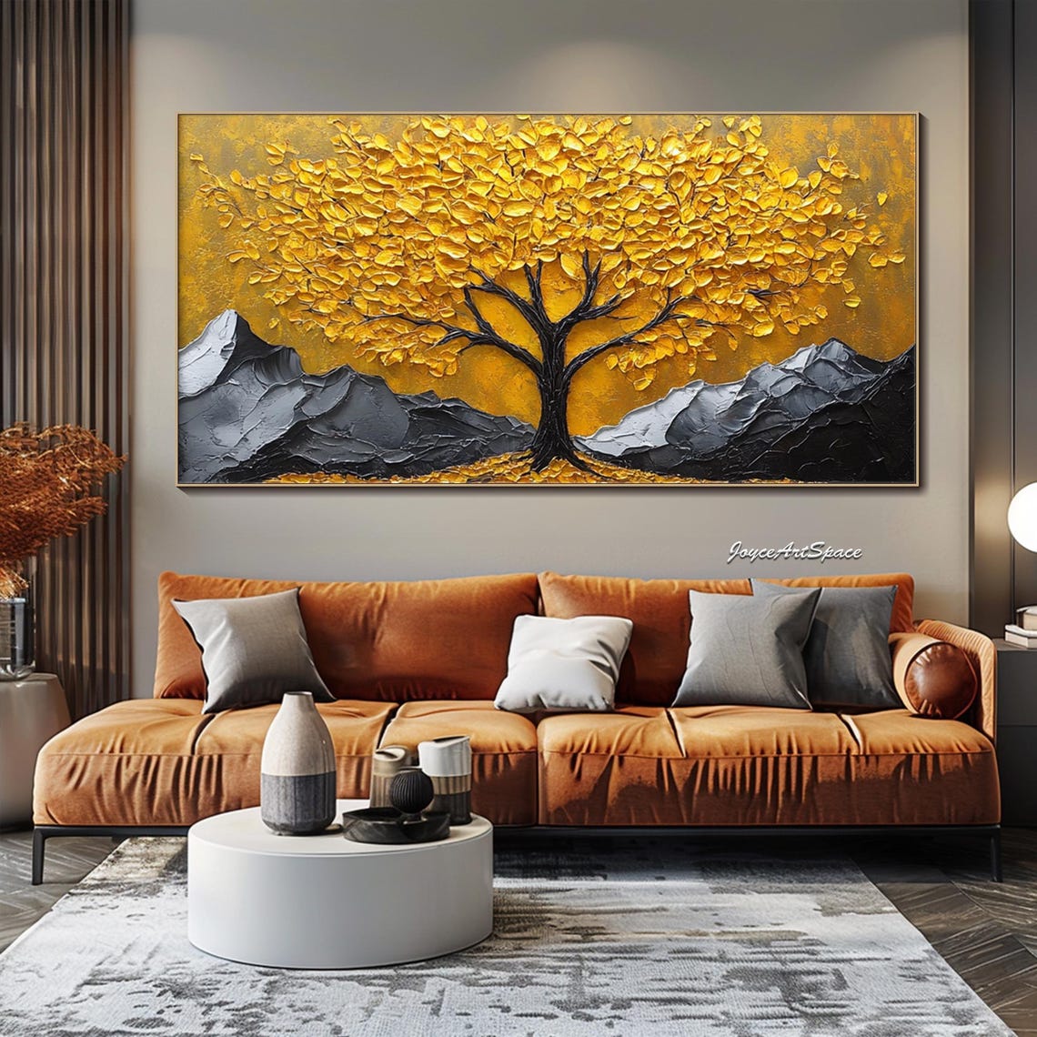 Golden Tree Black Mountains Dramatic Gold Sky 3D Impasto Wall Art - Image 4