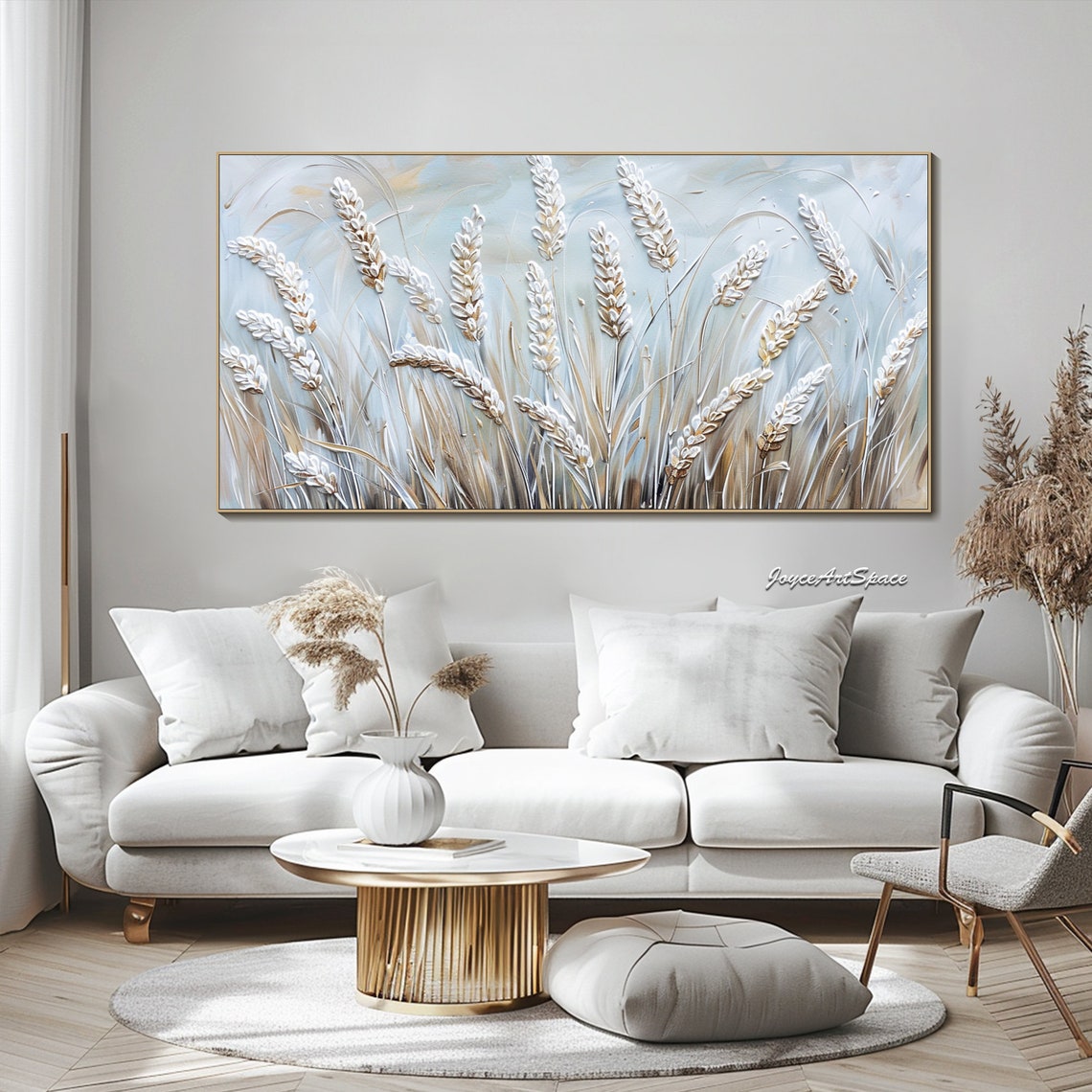 White Wheat Stalks Pale Blue Textured 3D Neutral Art Print Poster - Image 4