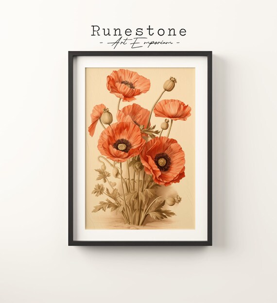 Vintage Poppy Bunch Sketch Floral Boho Wall Art Botanical Minimalist Bohemian Hand Drawn Flowers Print