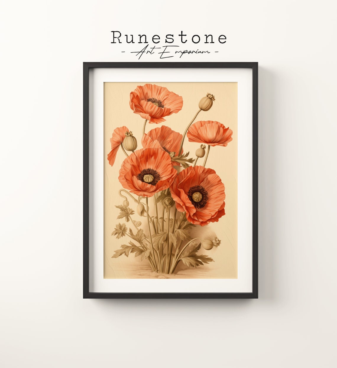 Vintage Poppy Bunch Sketch Floral Boho Wall Art Botanical Minimalist Bohemian Hand Drawn Flowers Print