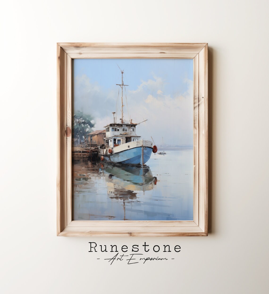 Blue Fishing Boat At Harbor Calm Water Vintage Oil Painting Poster