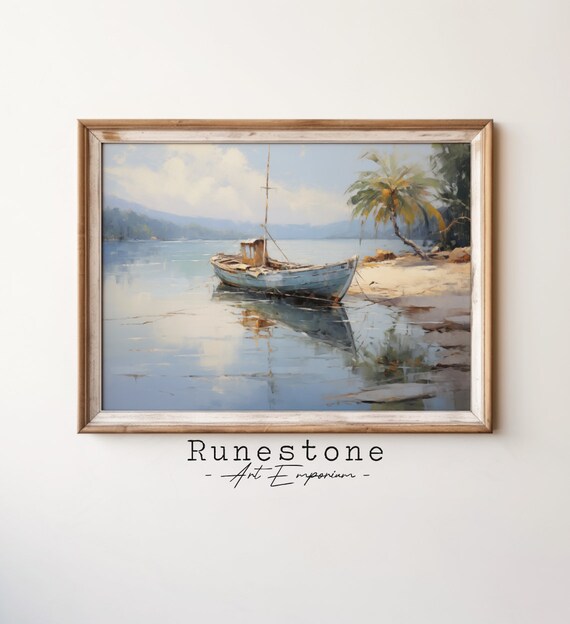 Abandoned Wooden Boat Tropical Beach Palm Calm Bay Painting Poster