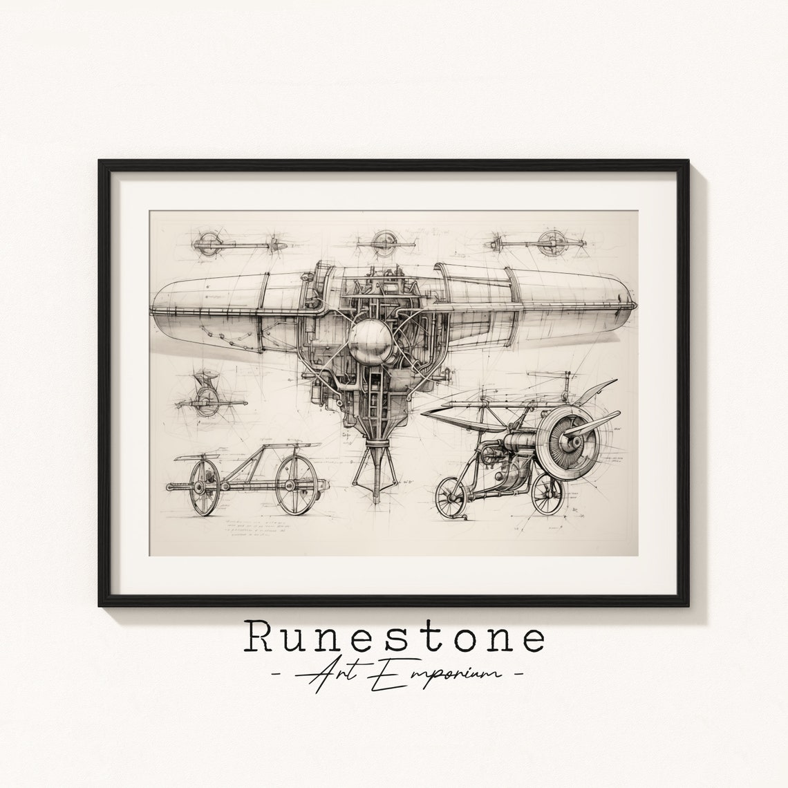 Vintage Steampunk Flying Machine Airship Blueprint Schematic Poster