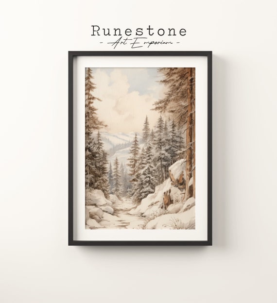 Vintage Snowy Pine Forest Sketch Winter Boho Wall Art Classic Bohemian Poster Hand Drawn Natural Scenery Print
