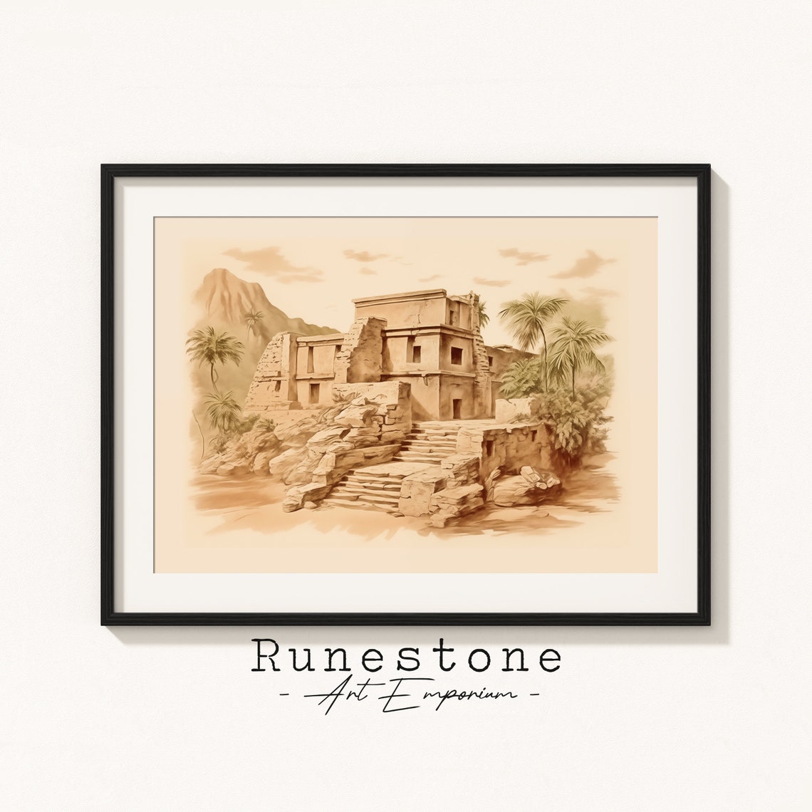 Sepia Mayan Style Ancient Stone Temple Ruins Jungle Wall Art