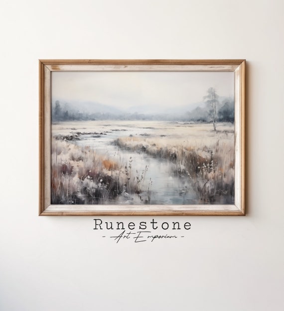 Winter River Snowdrops Landscape Vintage Oil Painting Art Field Design Wall