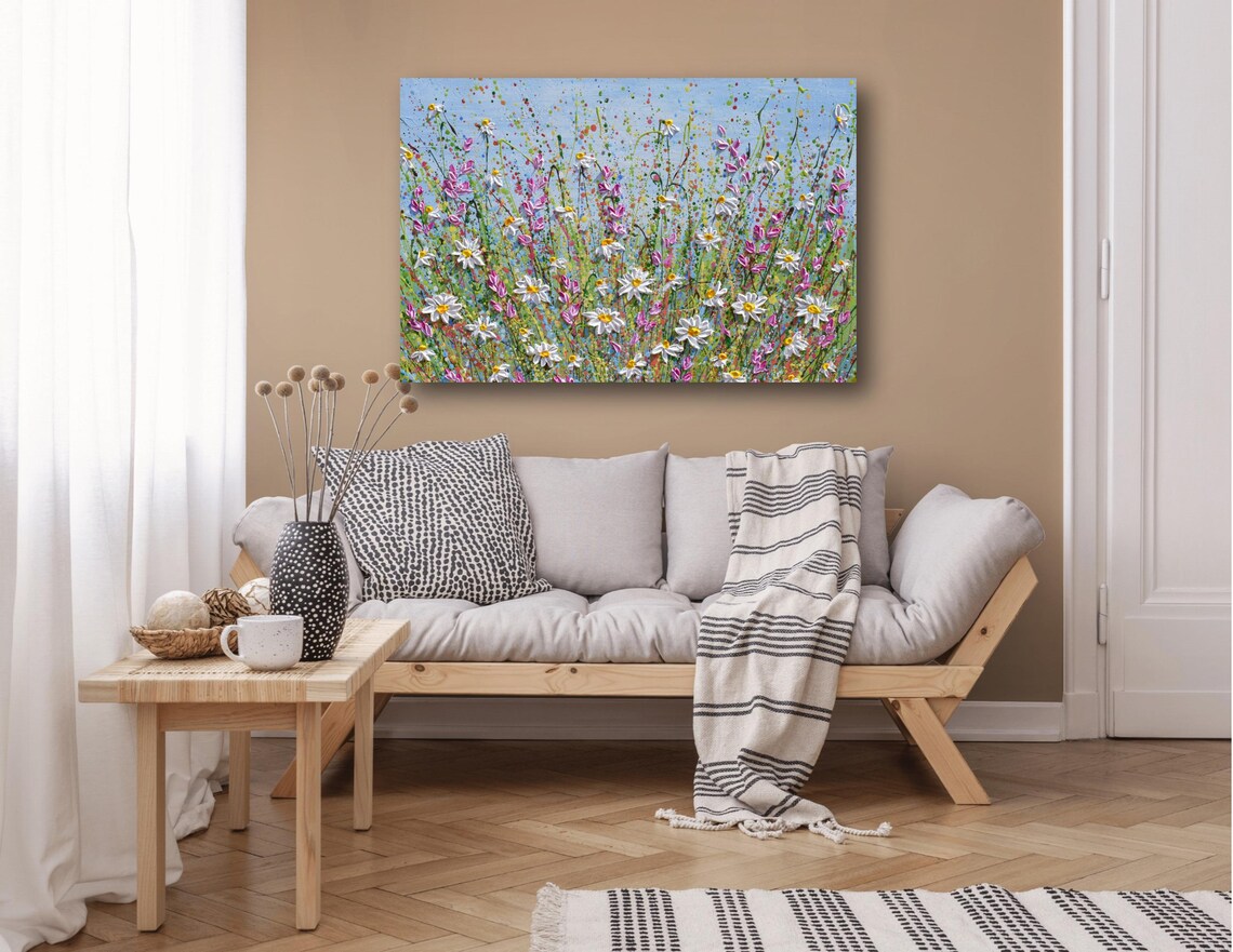 White Daisy Pink Wildflower Meadow Blue Sky Summer Impasto Art Print - Image 2