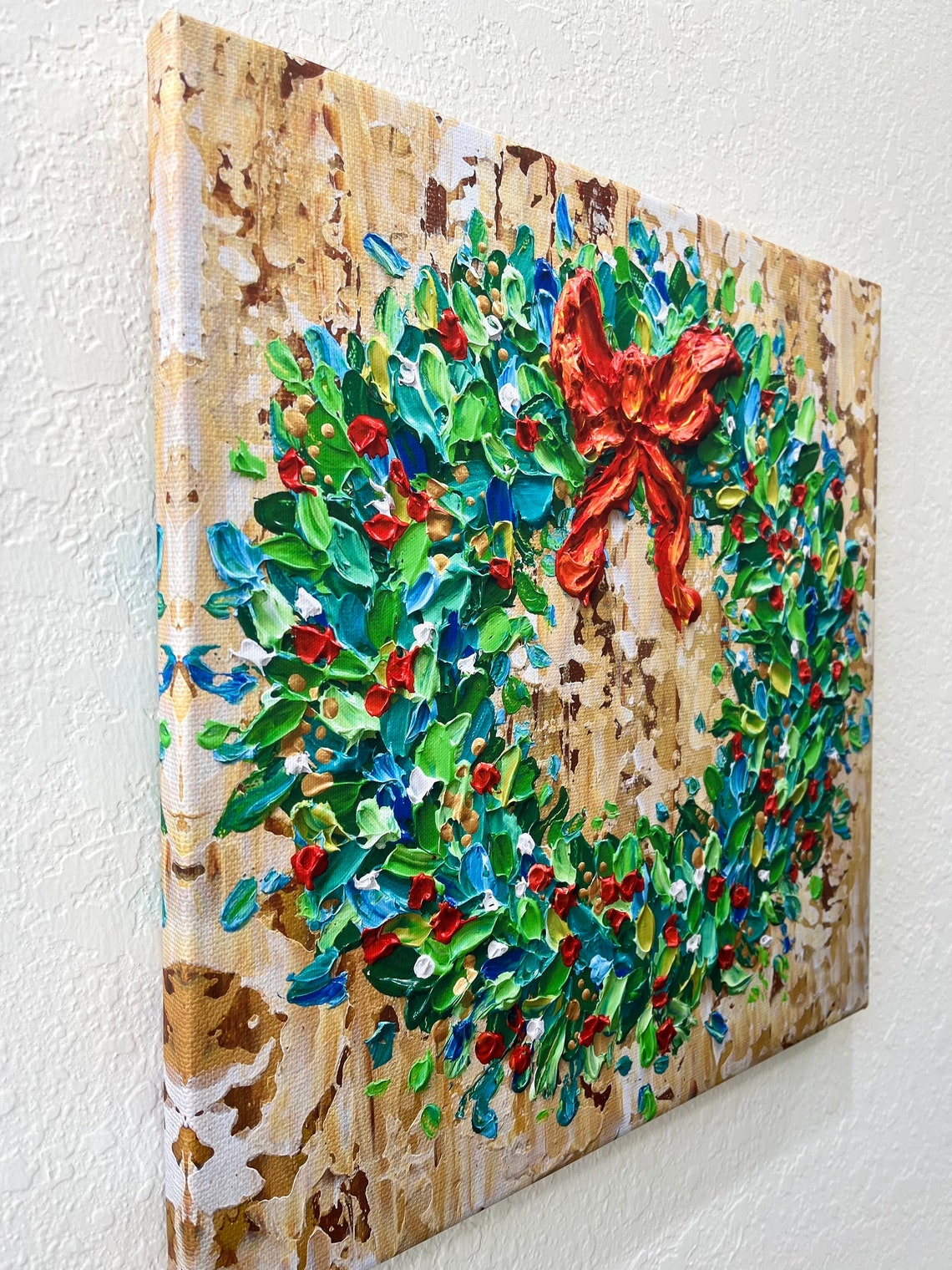Christmas Wreath Red Bow Gold Holiday Impasto Floral Art Poster - Image 3
