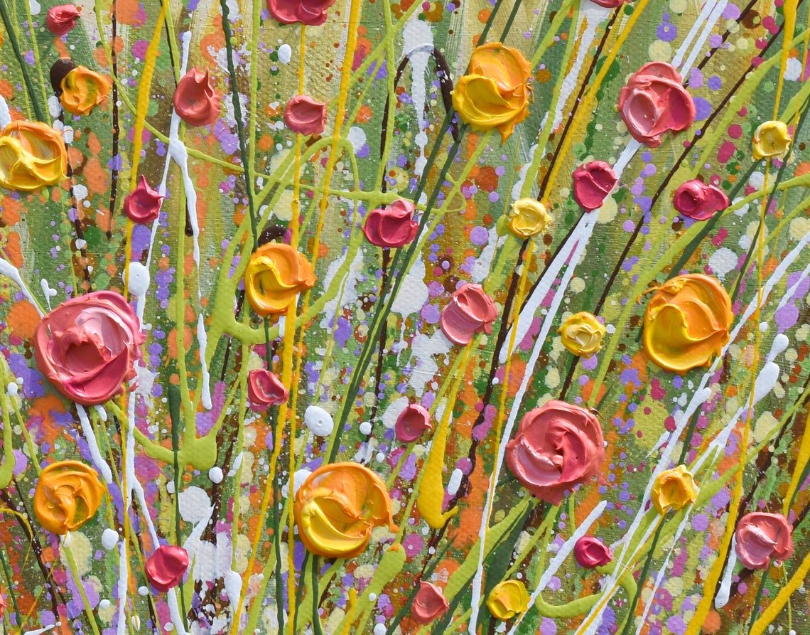Pink Yellow Wildflower Field Square Spring Meadow Impasto Art Print - Image 3