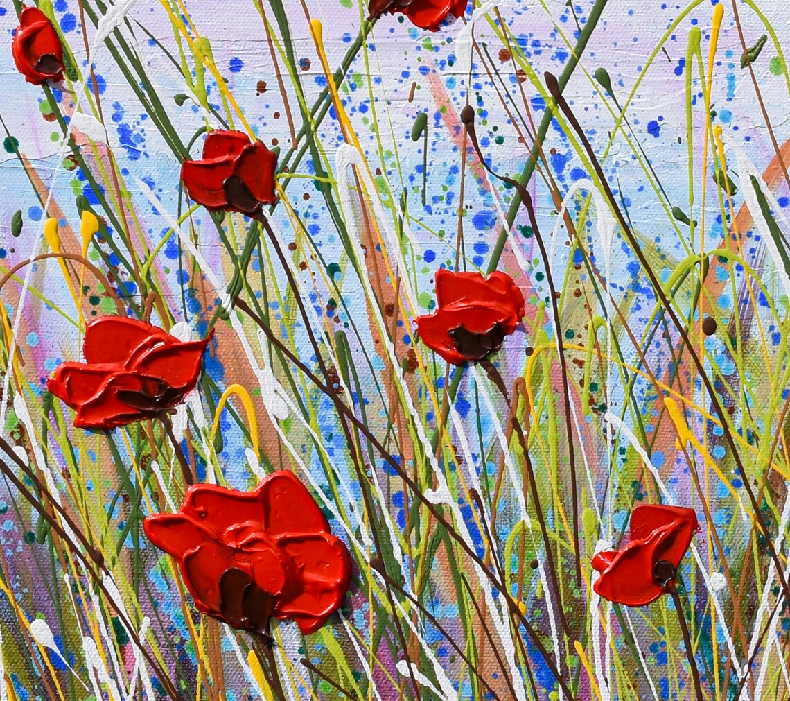 Red Poppy Field Wildflower Meadow Tall Grass Impasto Floral Art Print - Image 3