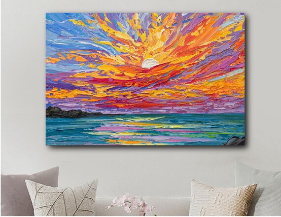 Colorful Sunset Over Teal Ocean Rocks Dramatic Sky Seascape Art Print