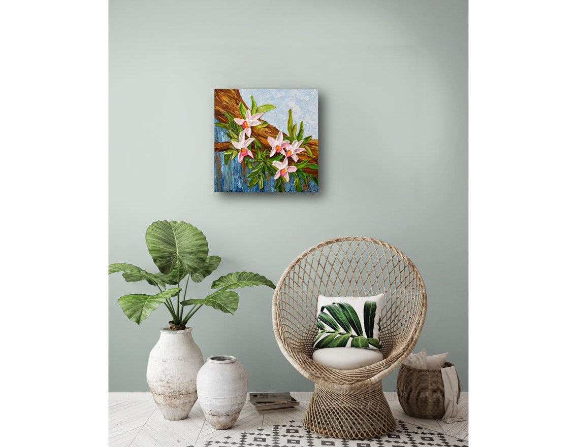 Pink White Orchid Branch Blue Background Botanical Impasto Art Print - Image 2