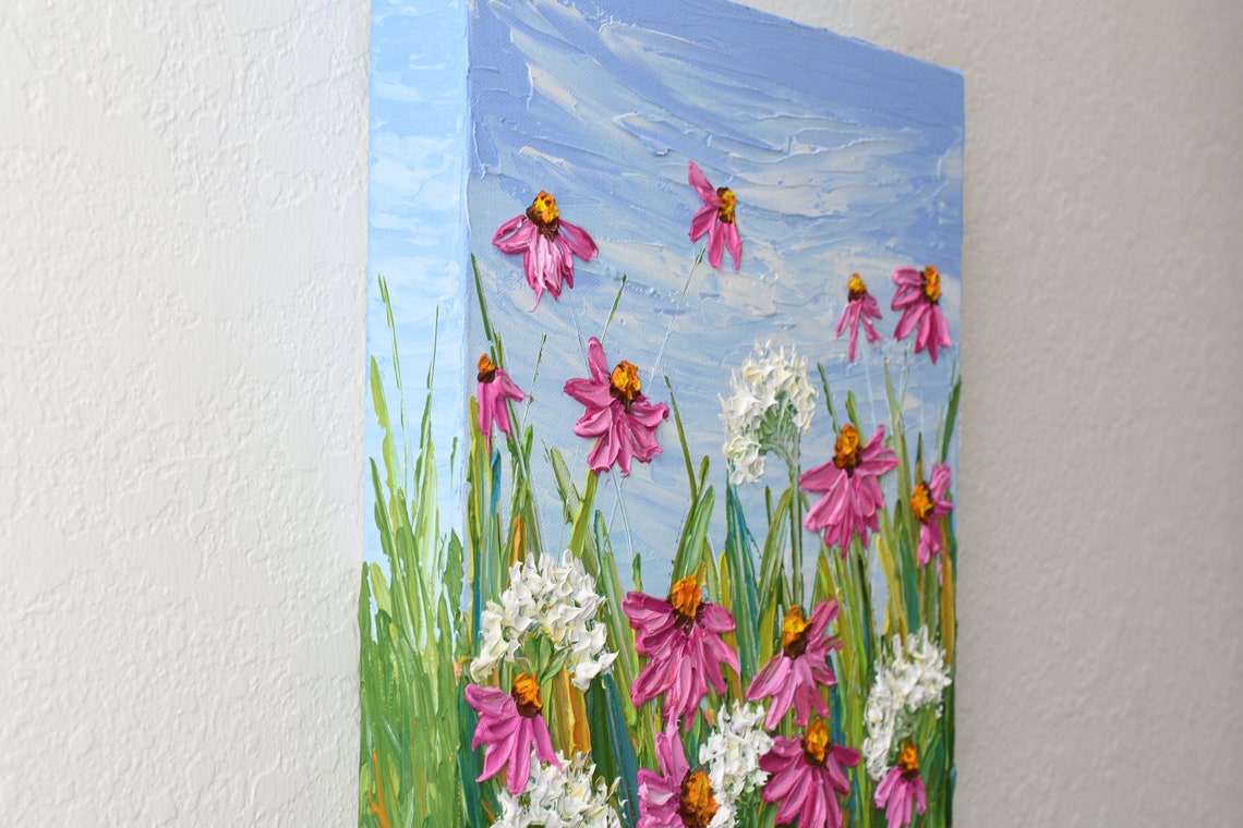 Pink Echinacea Wildflower Field Blue Sky Palette Knife Flower Poster - Image 3