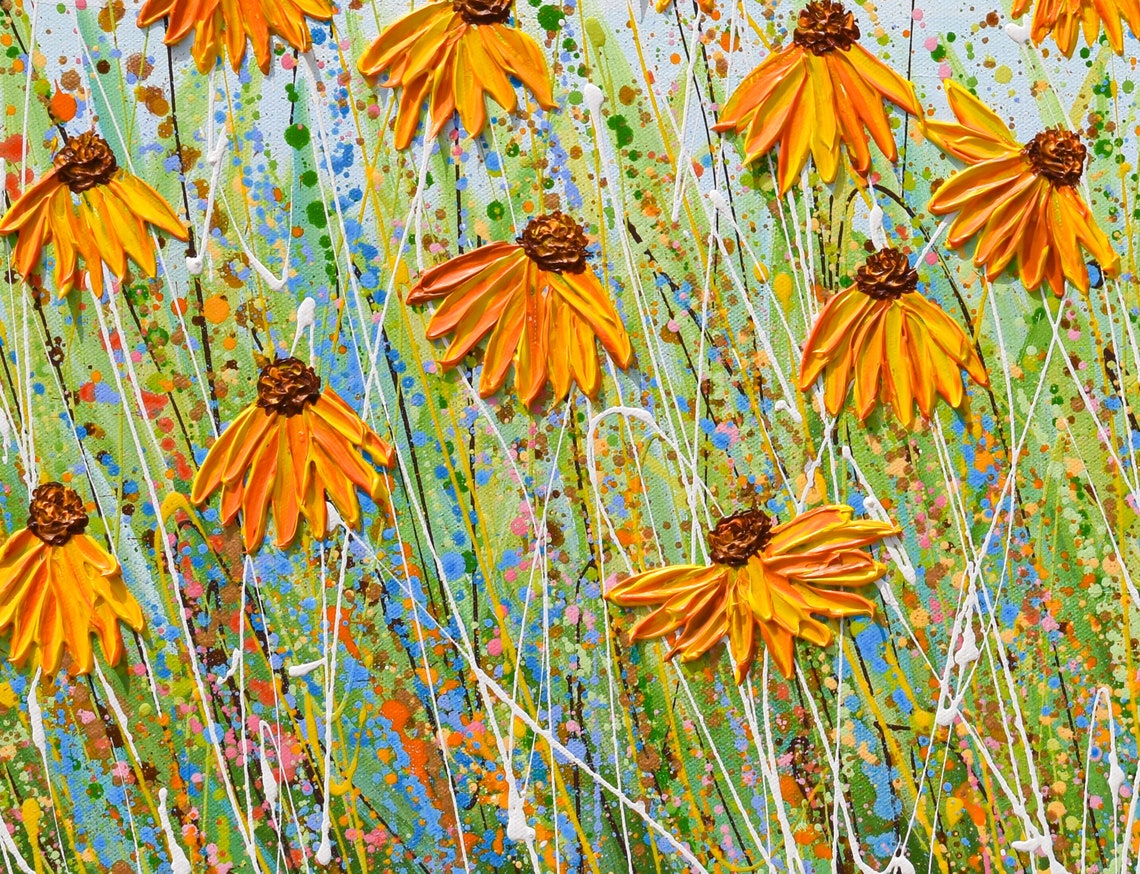 Yellow Coneflower Field Summer Blue Sky Splatter Textured Art Poster - Image 2
