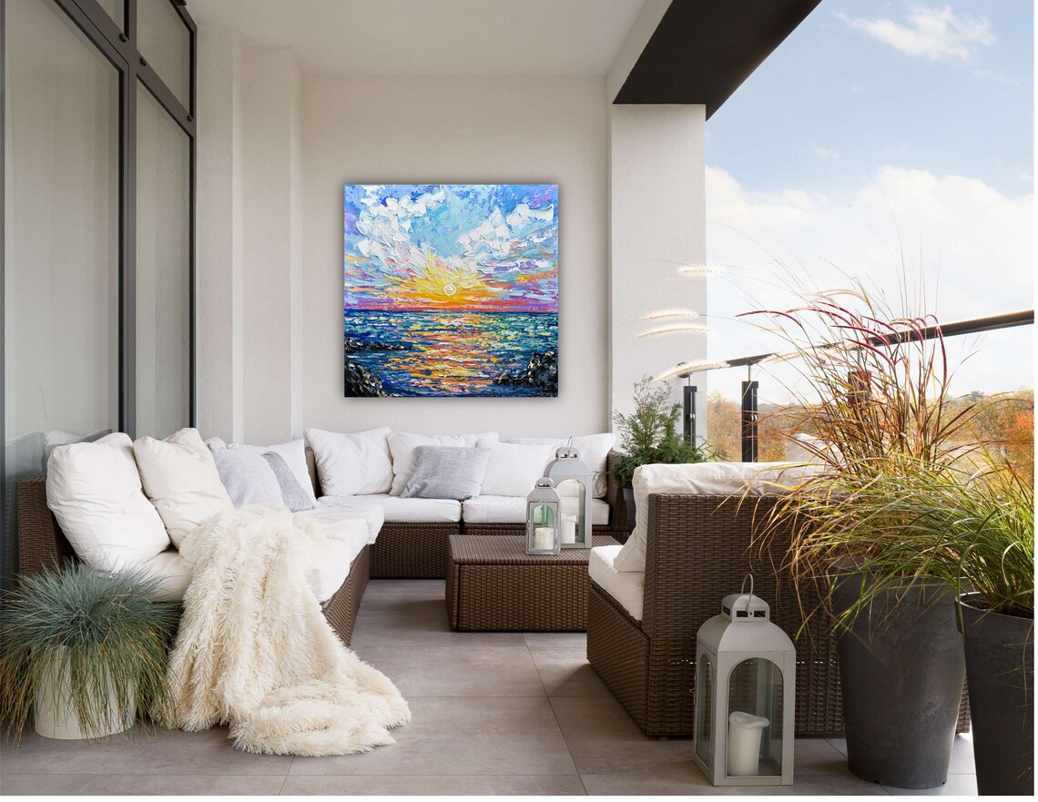 Beach Sunset Ocean Waves Rocks Colorful Clouds Seascape Impasto Art Poster - Image 2