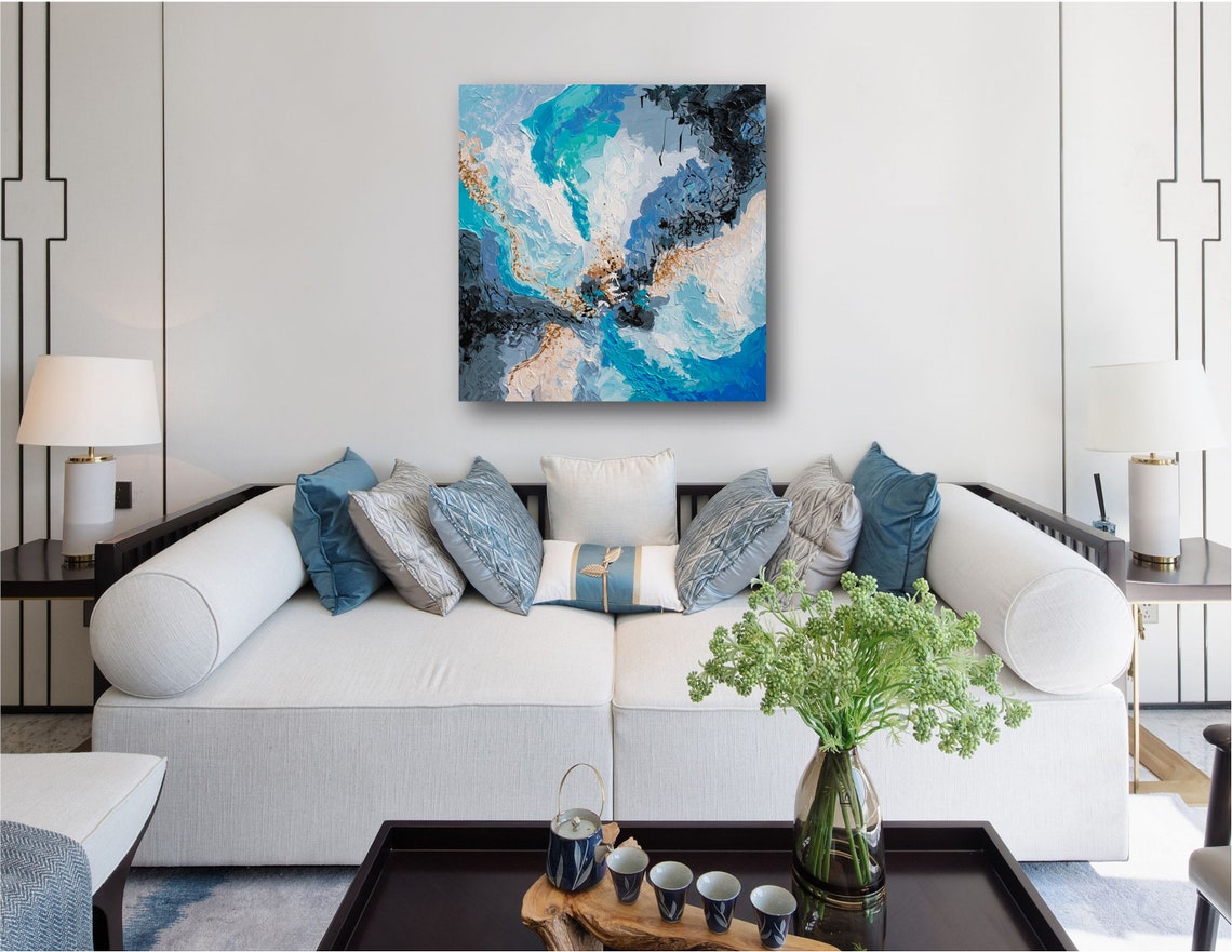 Blue Teal Abstract Wave Impasto Painting Gold Black Modern Art Poster - Image 2