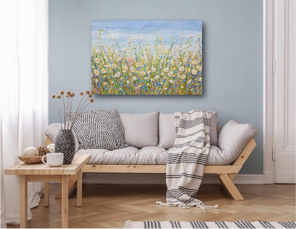 White Daisy Blue Flower Field Wide Summer Meadow Impasto Art Print - Image 3