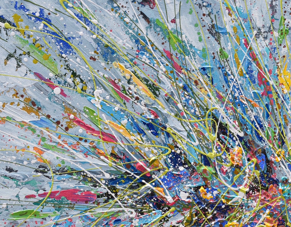 Colorful Abstract Floral Explosion Blue Pink Yellow Splatter Poster - Image 2