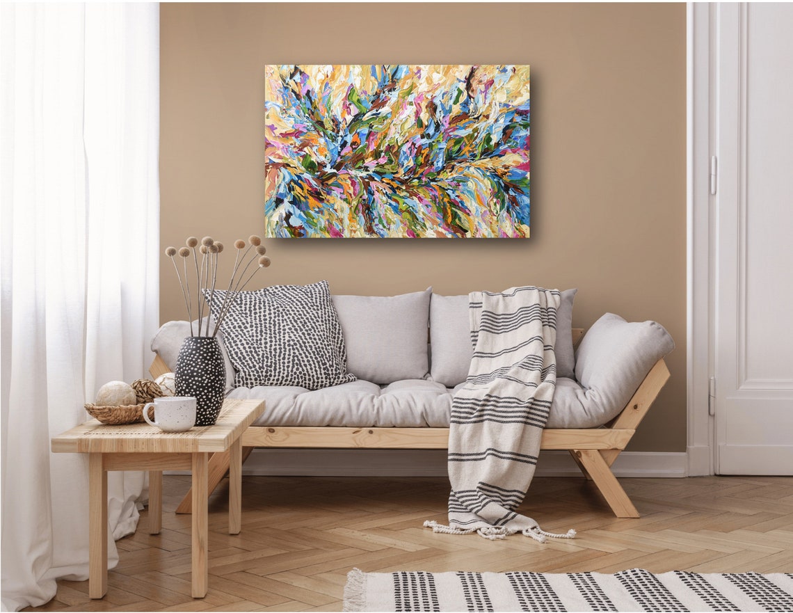 Colorful Abstract Floral Burst Pink Blue Gold Panoramic Art Poster - Image 2
