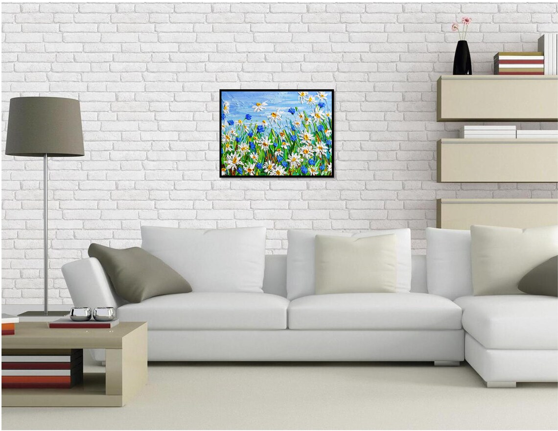 Daisies Field Impasto Flower Landscape Art Print - Image 3
