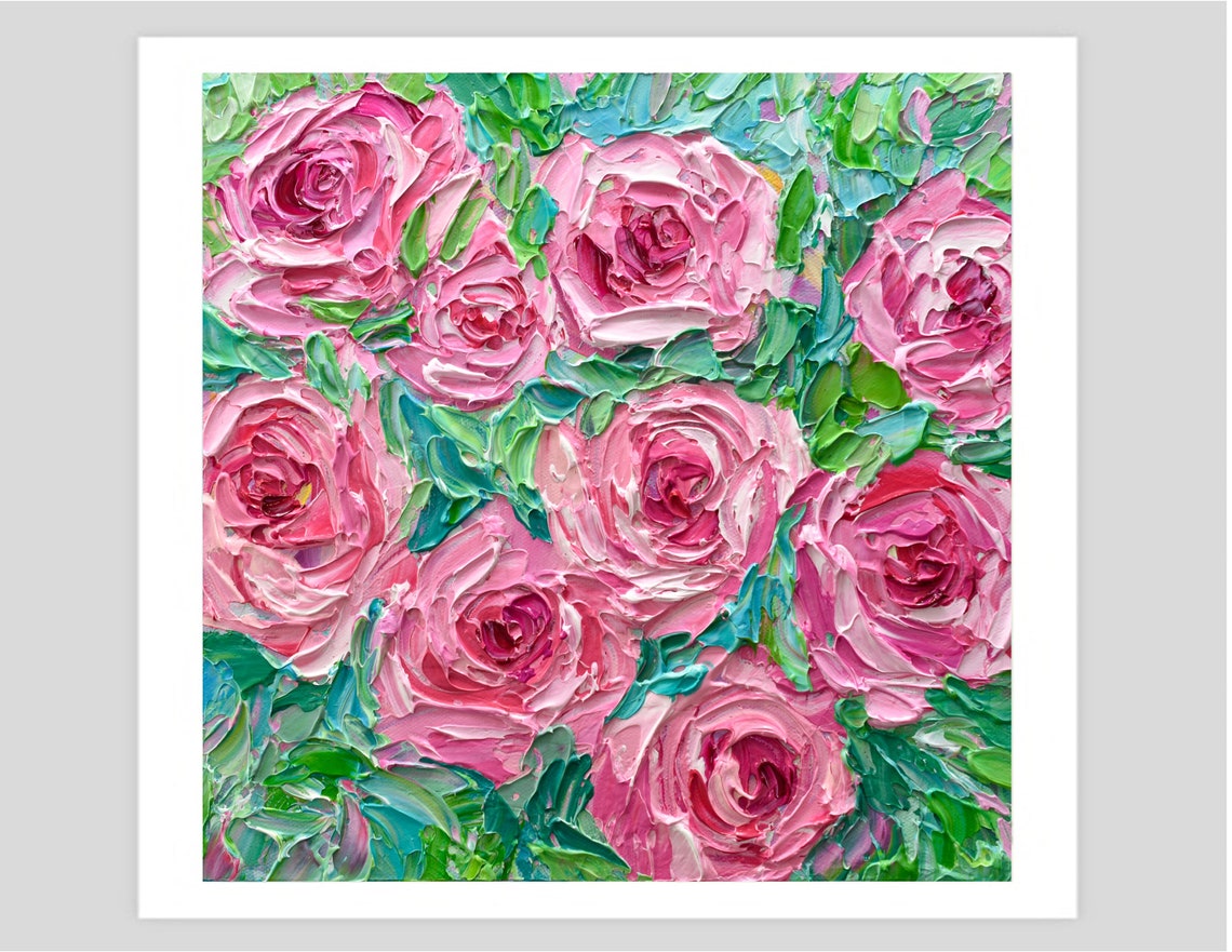 Pink Roses Impasto Painting Rose Bouquet Flowers Wall Art Gift Poster