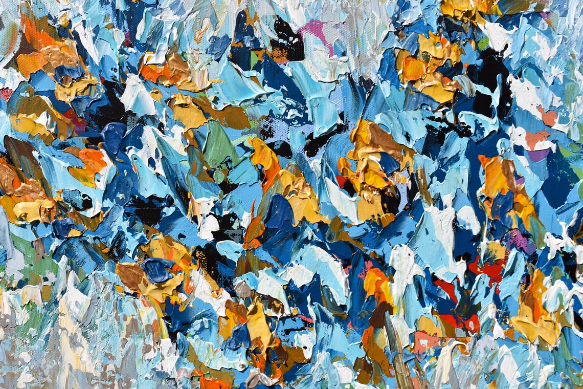 Large Abstract Painting On Original Blue Yellow Gold Modern Wall Art Textured Knife Artwork - Image 3