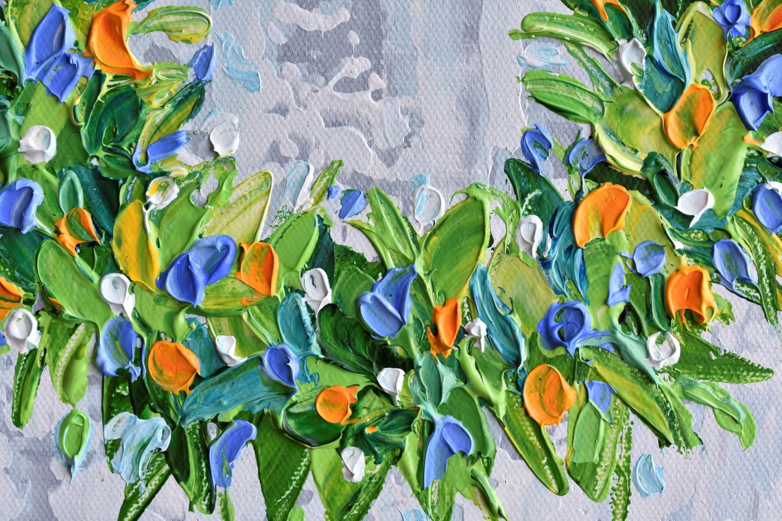 Christmas Wreath Painting Blue Orange Flowers Green Impasto Art Poster - Image 3