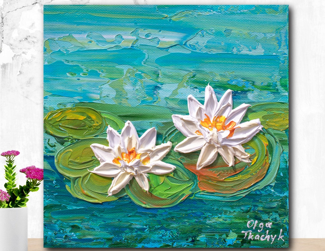 White Waterlilies Painting Pond Flowers Impasto Textured Art Poster